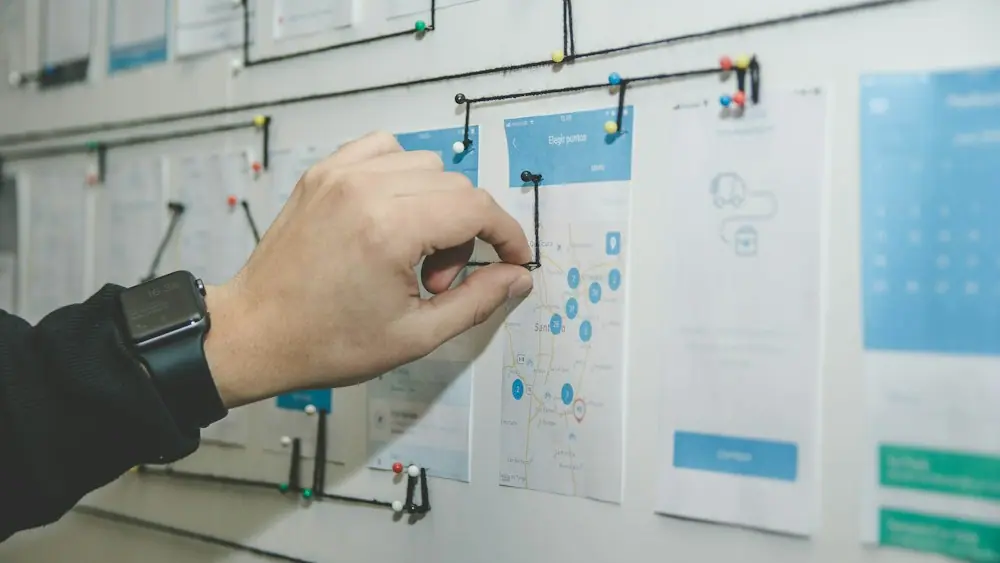 Product plan and wireframes mapped out on a board